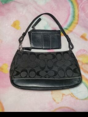 Coach Black Signature DEMI Canvas Shoulder Bag with Matching Card Case